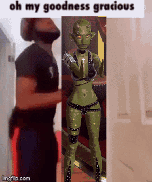 a man standing next to a green monster with horns and the words oh my goodness gracious on the bottom