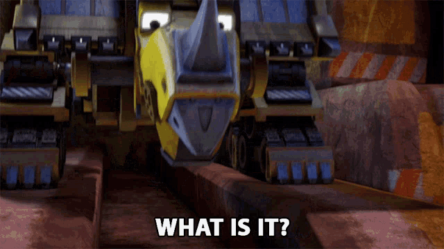 a cartoon rhino says what is it in front of a yellow vehicle
