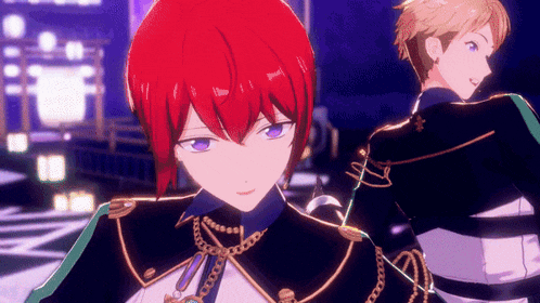 two anime characters are standing next to each other and one has red hair and blue eyes .