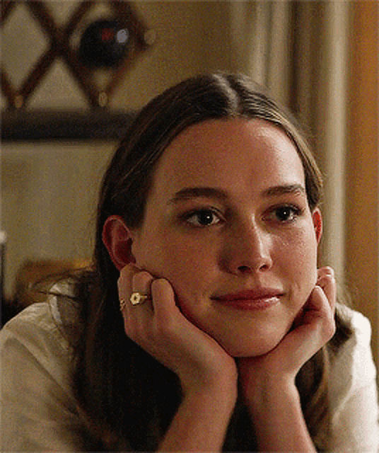 a close up of a woman 's face with her hand on her chin