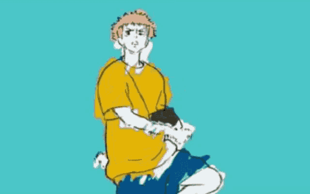 a drawing of a man in a yellow shirt and blue shorts is flying through the air .