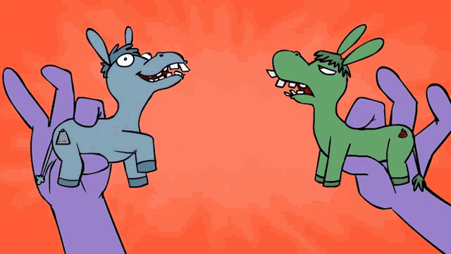 a cartoon drawing of two donkeys one blue and one green