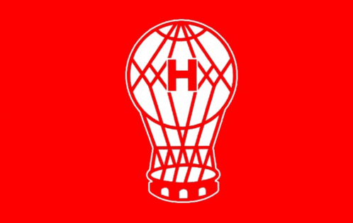 a red background with a white globe with the letter h on it