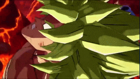 a close up of a cartoon character with green hair and red flames in the background