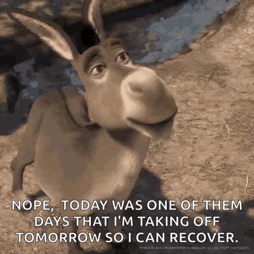 a donkey with a caption that says nope today was one of them days that i 'm taking off tomorrow so i can recover