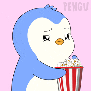 a penguin is holding a bucket of popcorn with the word pengu on the bottom right