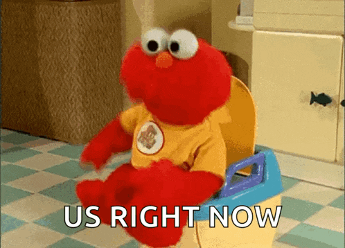 elmo from sesame street is sitting on a potty with the words us right now below him
