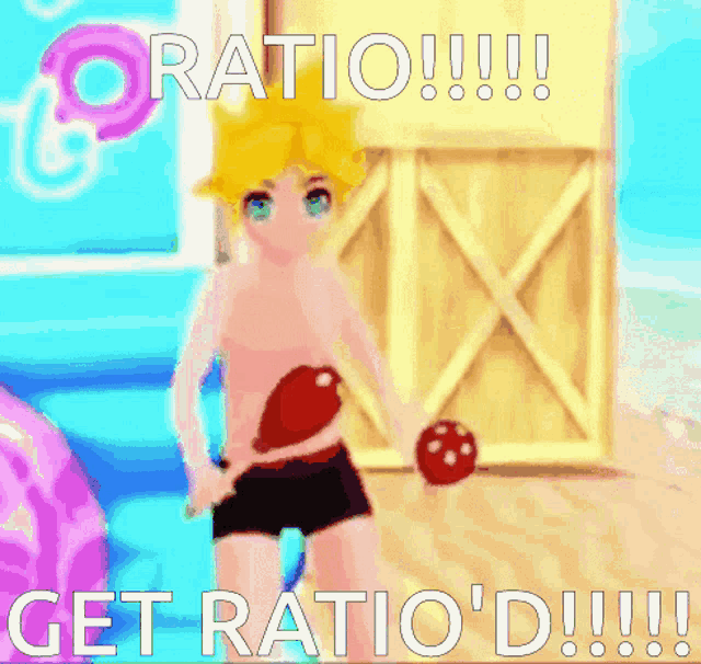 a picture of a boy holding a red ball with the words ratio !!! get ratio 'd !!! below him