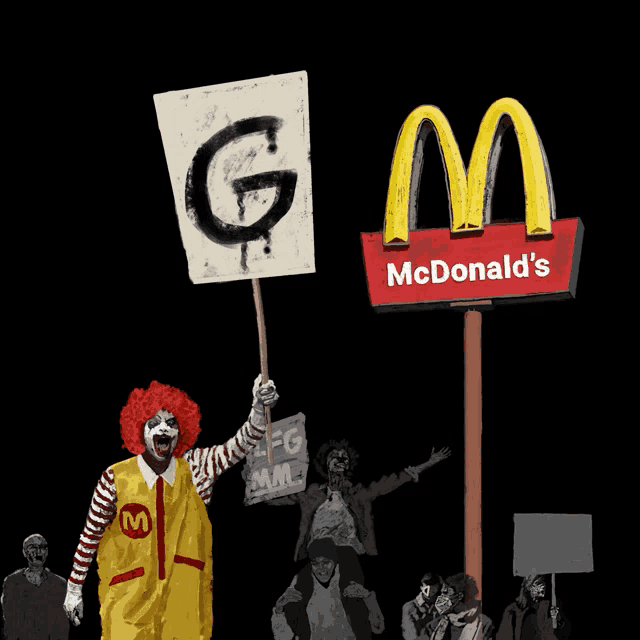 a mcdonald 's sign with a clown holding a sign that says g on it