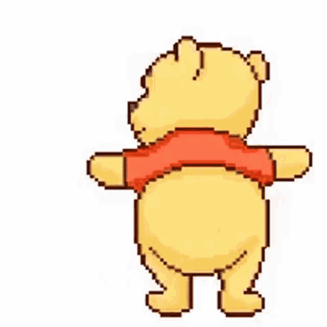 winnie the pooh is wearing a red scarf and dancing in a pixel art style .