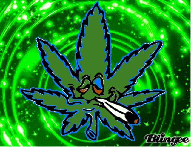 a cartoon drawing of a marijuana leaf with a cigarette in its mouth