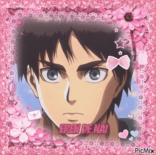 a picture of eren de nai is surrounded by pink flowers and stars