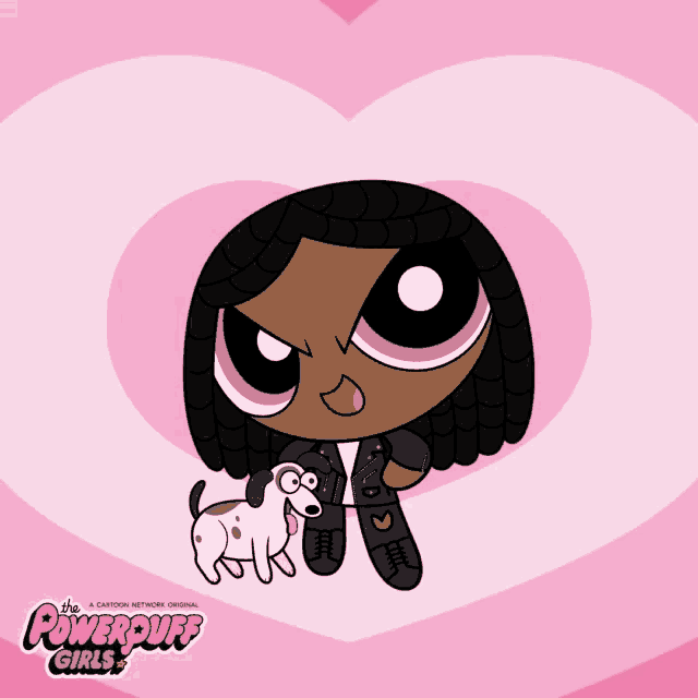 a cartoon character from the powerpuff girls holds a dog