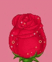 a pixel art of a person sitting in a red rose with a flower on their head .