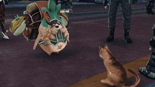 a video game scene with a cat looking at a dog