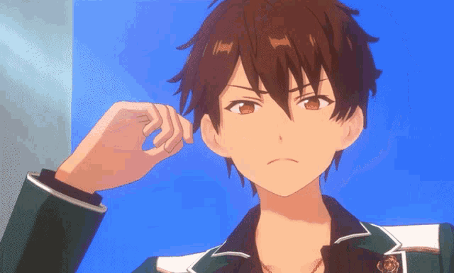 a close up of a anime character 's face with a blue sky in the background