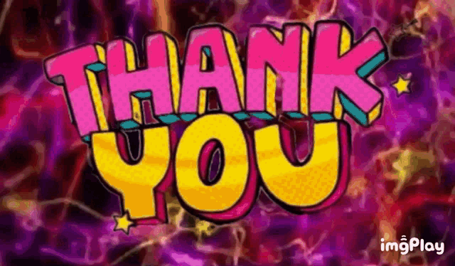 the word thank you is written in colorful letters on a purple and red background .