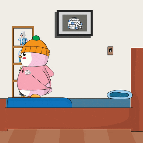 a cartoon of a person jumping over a bed with a picture of a penguin in the background