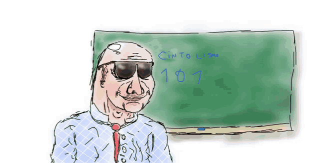 a drawing of a man standing in front of a blackboard with the number 107 written in blue on it