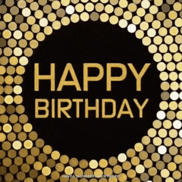 a happy birthday card with gold polka dots on a black background .