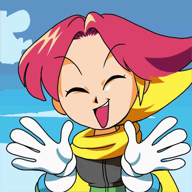a cartoon character with pink hair and white gloves is smiling