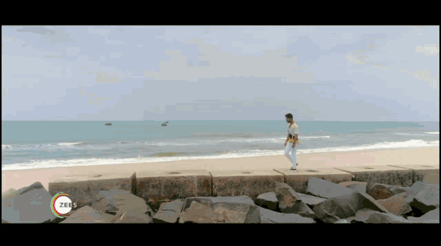 a man walks along a rocky beach with a zee5 logo in the corner