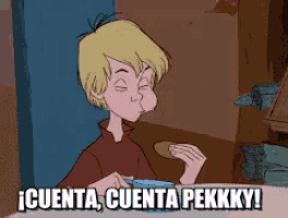 a cartoon character is sitting at a table with the words cuenta cuenta pekkky