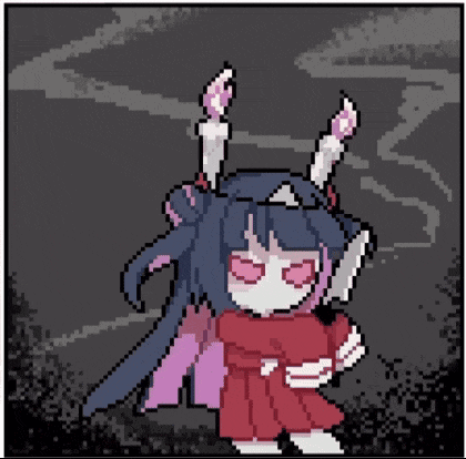 a pixel art drawing of a girl with horns and a red dress