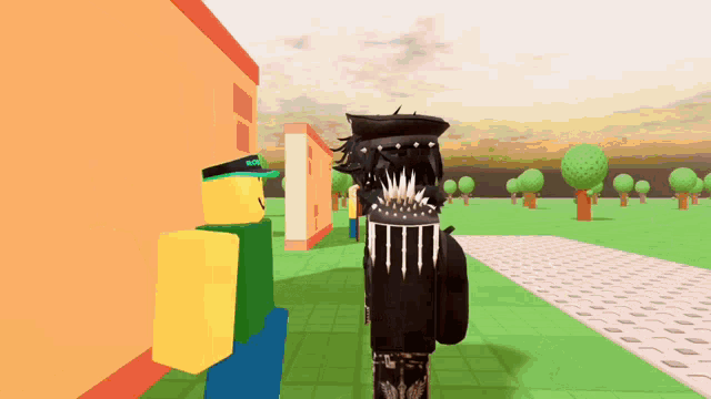 a cartoon character with spikes on his back is walking down a road