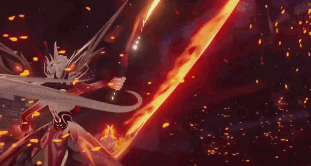 a person is standing in front of a building with fire coming out of it ..