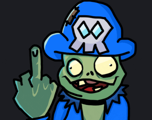 a cartoon character wearing a blue hat with a skull on it is giving the middle finger