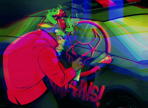 a colorful drawing of a man and a car with the word smash written in red