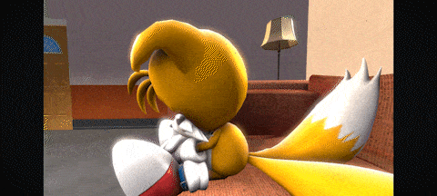 a cartoon character is sitting on a couch with his tail hanging out