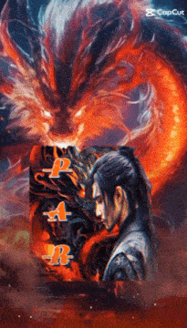 a painting of a man standing in front of a dragon with the word capcut on the bottom
