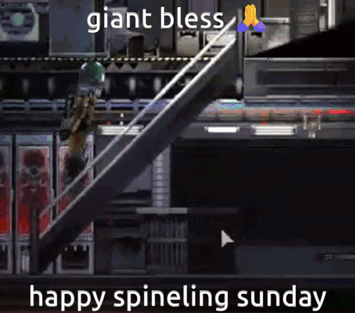 a giant bless happy spineling sunday meme with a staircase in the background