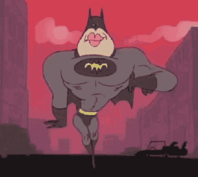 a cartoon of a batman flying through the air with a car in the background