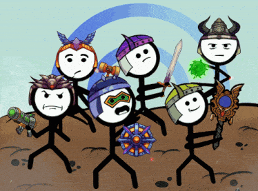 a group of stick figures with weapons and helmets