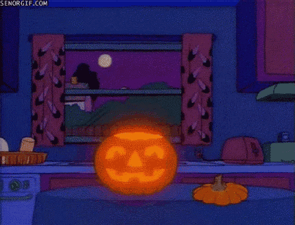 a cartoon character is holding a pumpkin with a face carved into it
