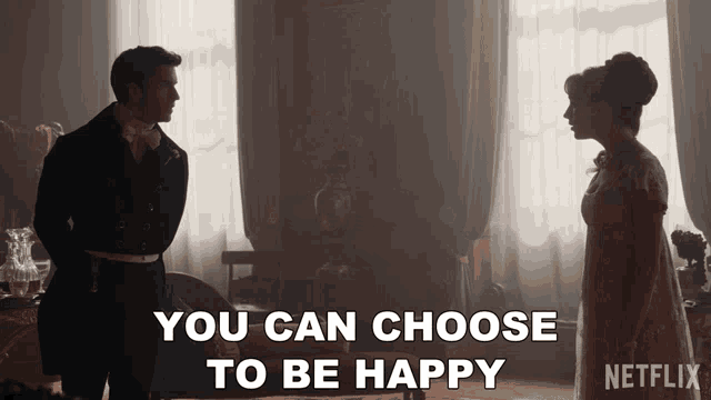 a man and a woman standing next to each other with the words you can choose to be happy above them