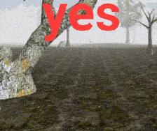 a tree in a field with the word yes written on it