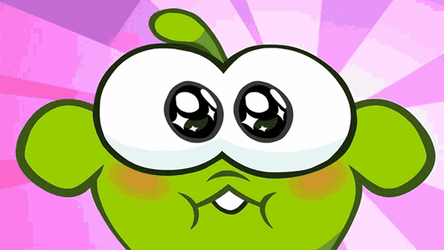 a green cartoon character with big eyes is making a face