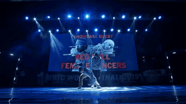 two dancers perform on a stage with a large screen behind them that says " showcase guest "