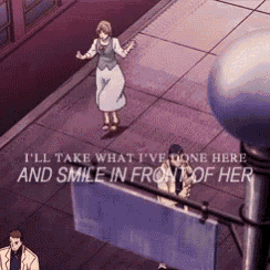 a woman is standing on a sidewalk with a sign that says i 'll take what i 've done here and smile
