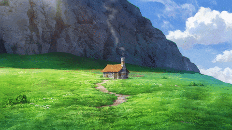 a small house in the middle of a grassy hillside