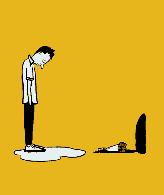 a cartoon of a man standing in a puddle next to a bouquet of roses