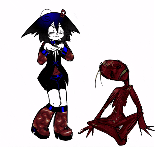 a drawing of a girl standing next to a red monster with a long neck