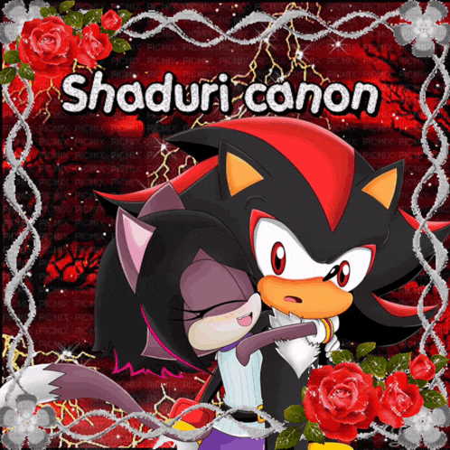 shadow the hedgehog hugging a girl with the name shaduri canon written on the bottom