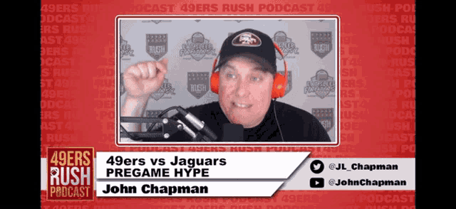 a man wearing headphones is on a 49ers rush podcast