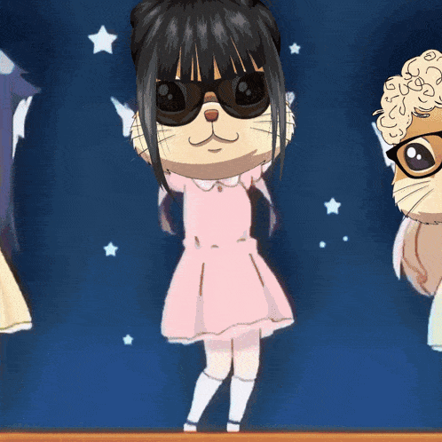 a girl in a pink dress and sunglasses is standing next to a hamster