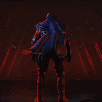 a man in a blue cape is standing in a dark room with red lights behind him